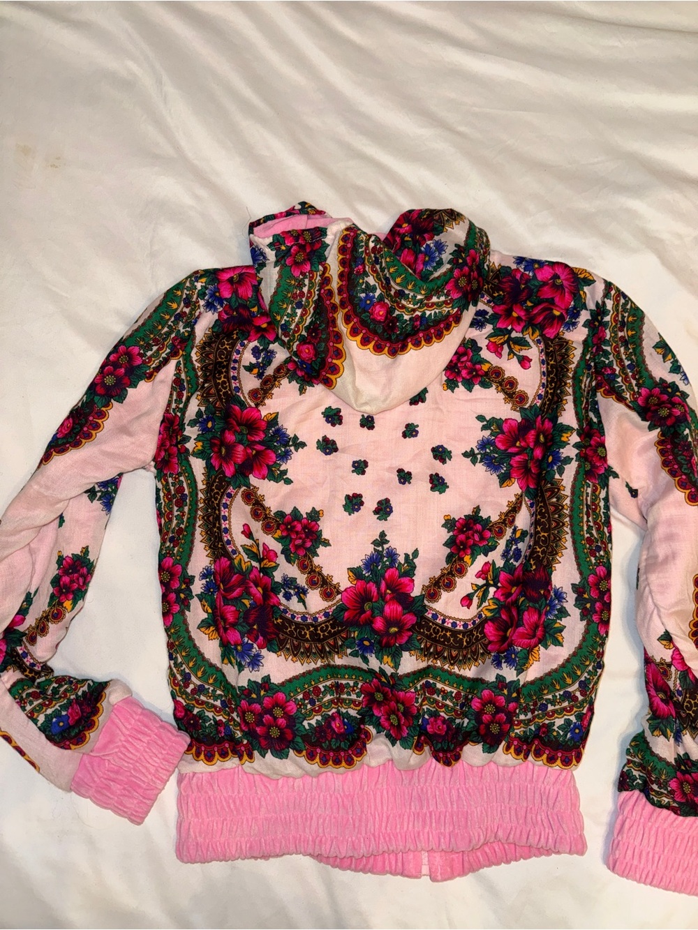 Pink Floral Hooded Bomber Jacket with Ottoman Print